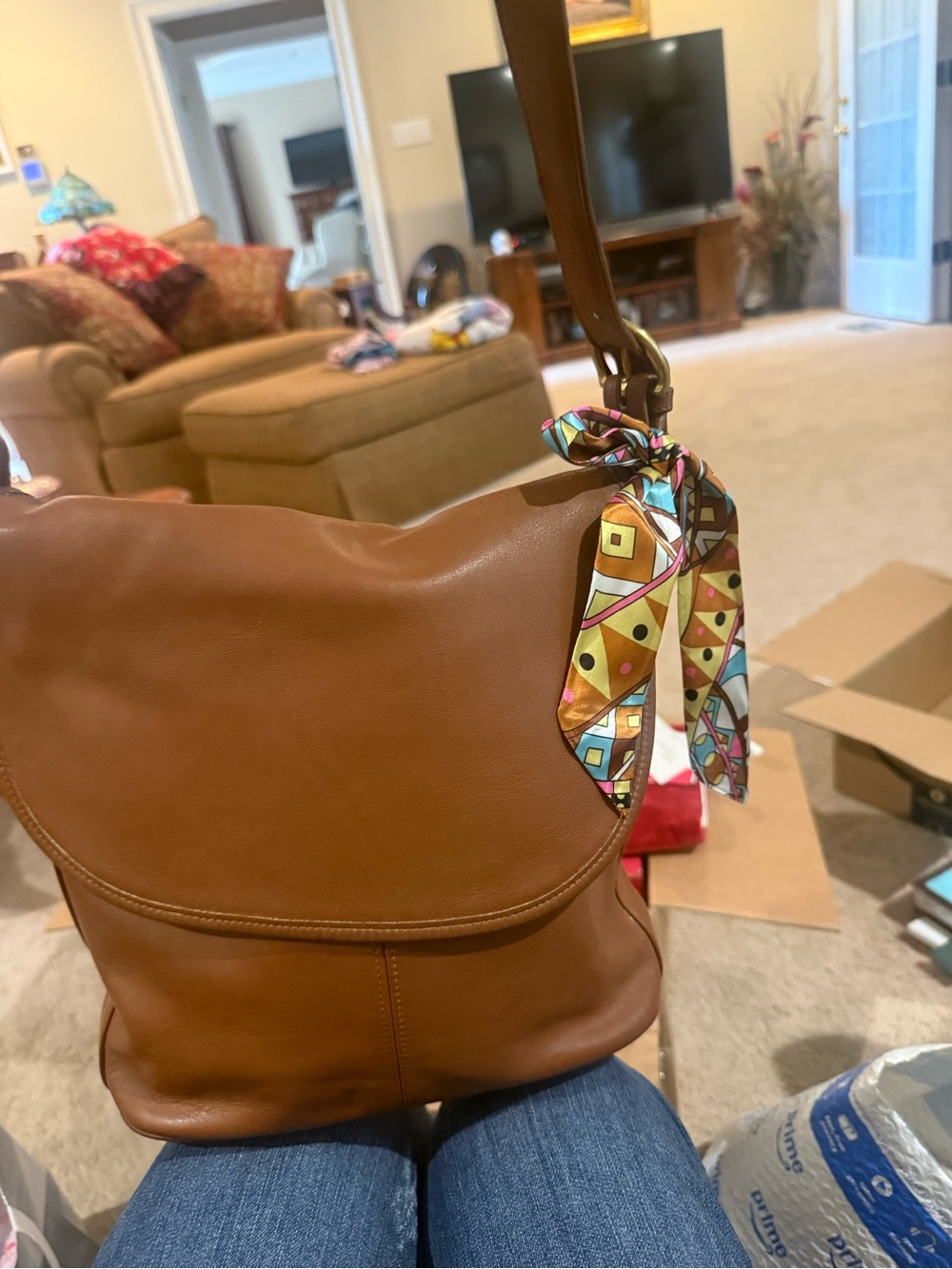 Coach Brown Leather Shoulder Bag with Multicolor Scarf Accent